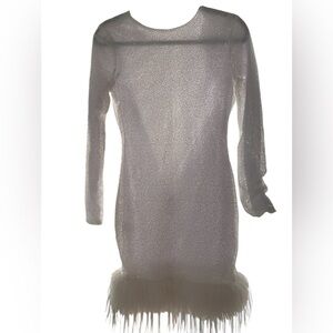 White Long Sleeve Party Dress with Feathers on Bottom